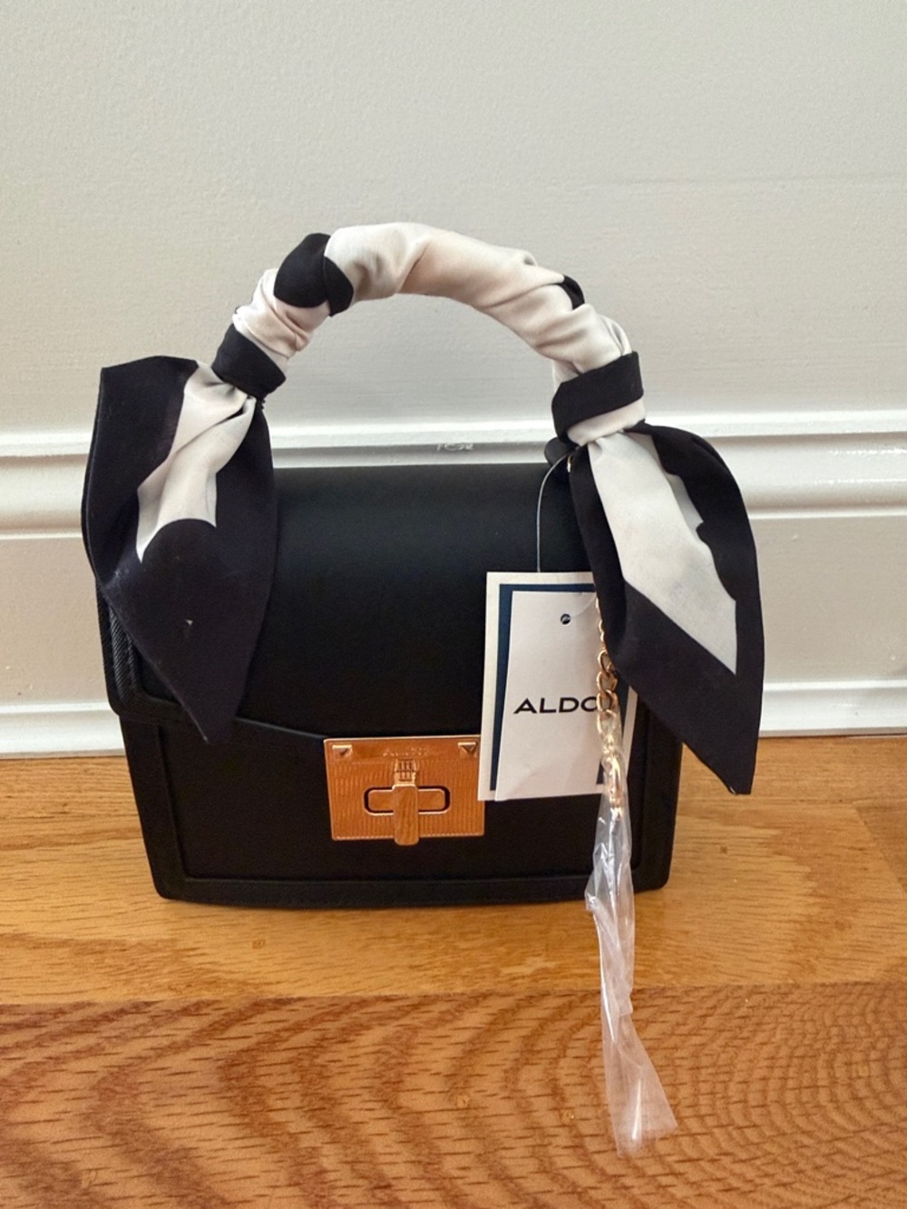Aldo Black Top-Handle Satchel with Black & White Scarf
